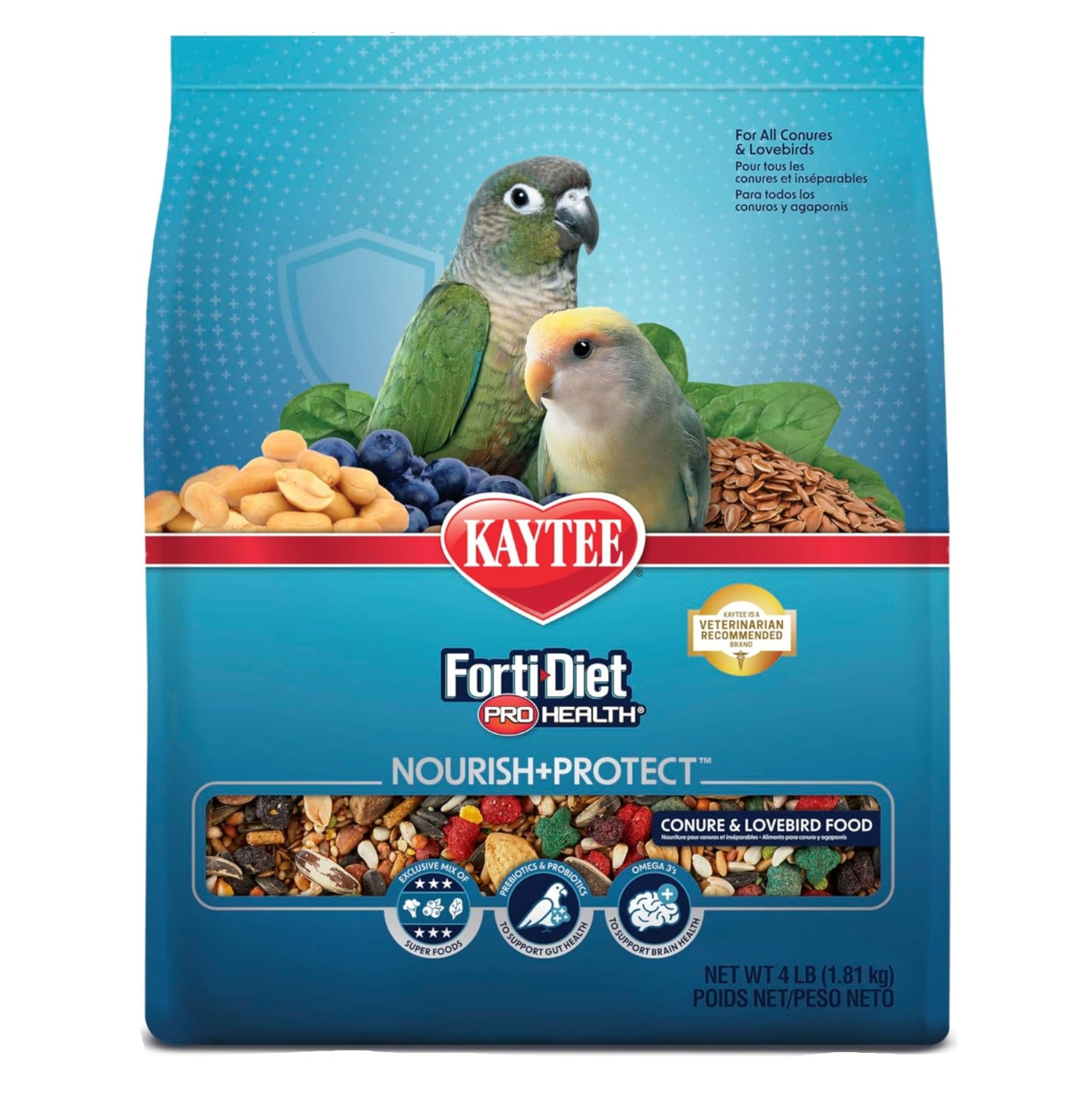 Kaytee Forti-Diet Pro Health Nourish+Protect bird food for conures and lovebirds, showing colorful seed blend in a bag.