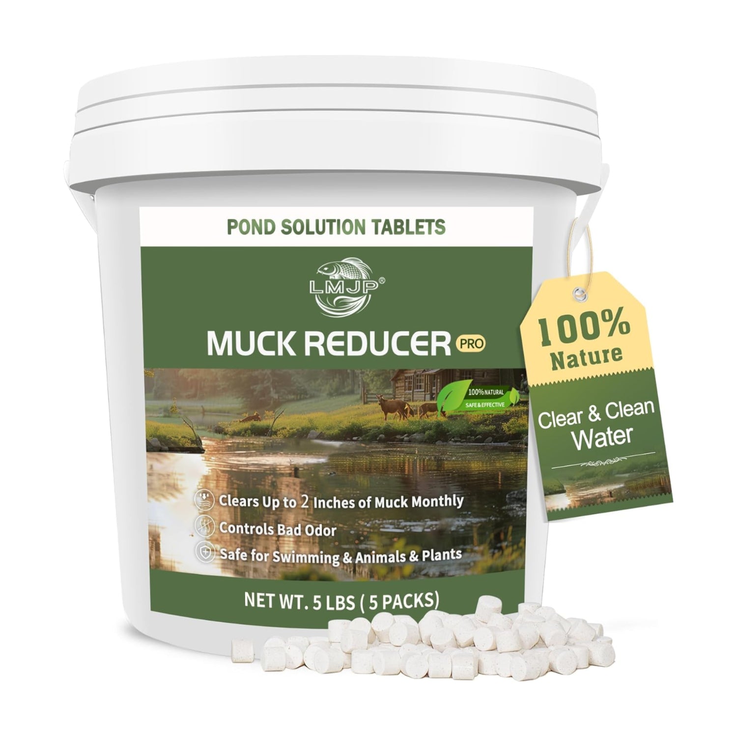 LMJP Muck Reducer 5LB natural sludge solution tablets for ponds and lakes, showing tablets and pond water.