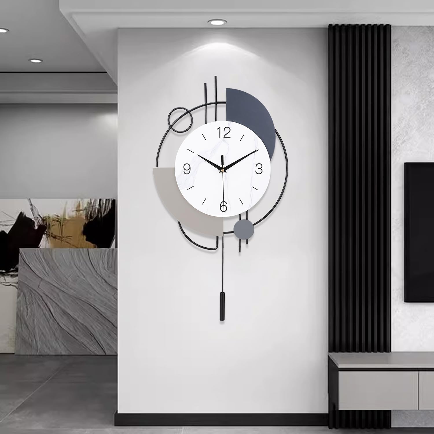 Dankeit large wall clock with silent quartz movement, battery operated, non-ticking design, featuring a stylish pendulum.