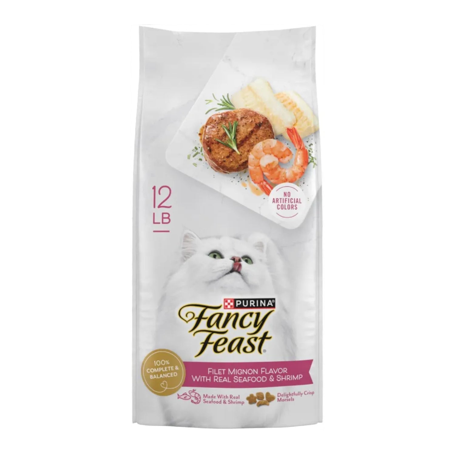 Fancy Feast Purina dry cat food bag featuring filet mignon flavor with seafood and shrimp, 12 lb. bag.