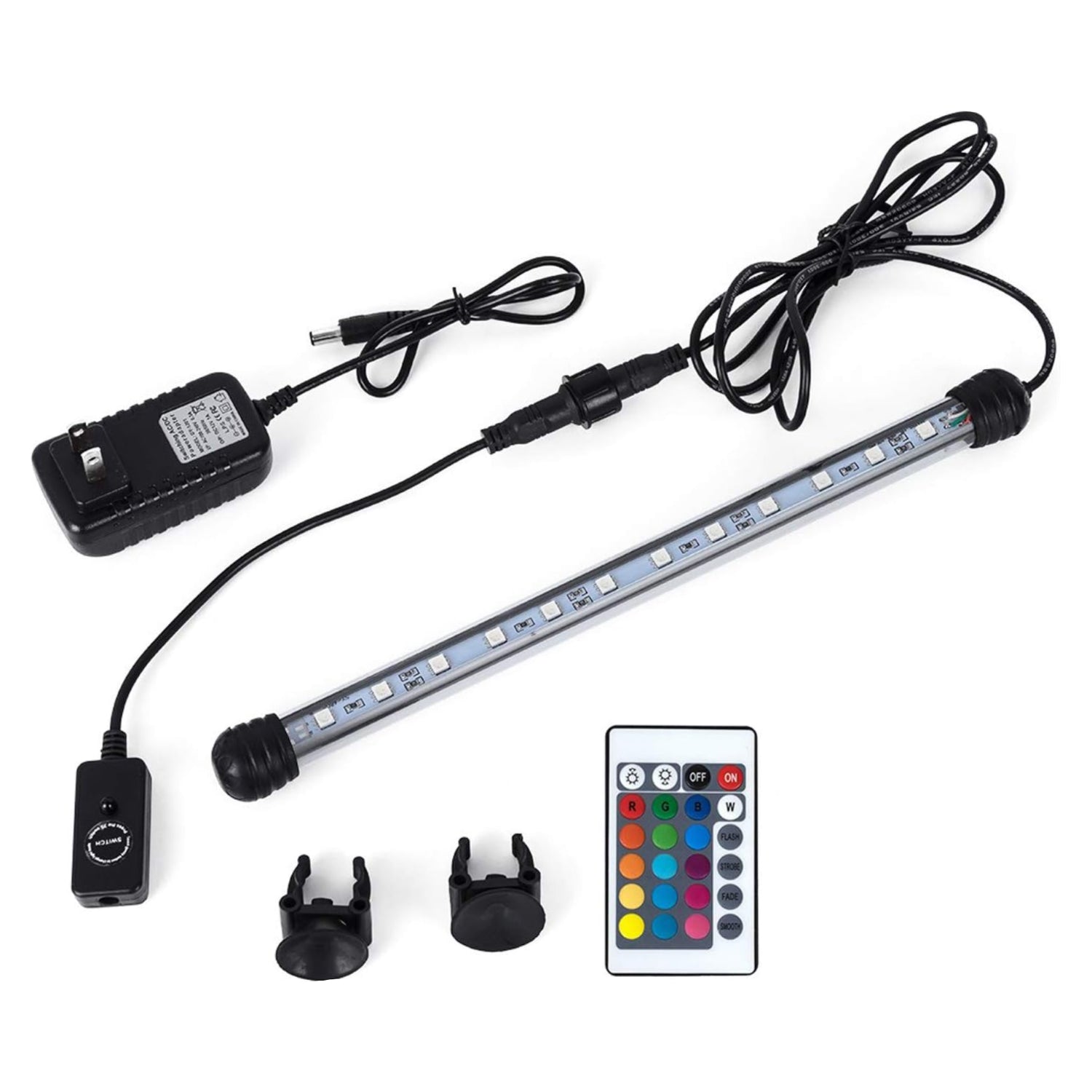 MQ 8-inch submersible LED aquarium light showing color-changing settings in a fish tank with aquatic plants and fish.