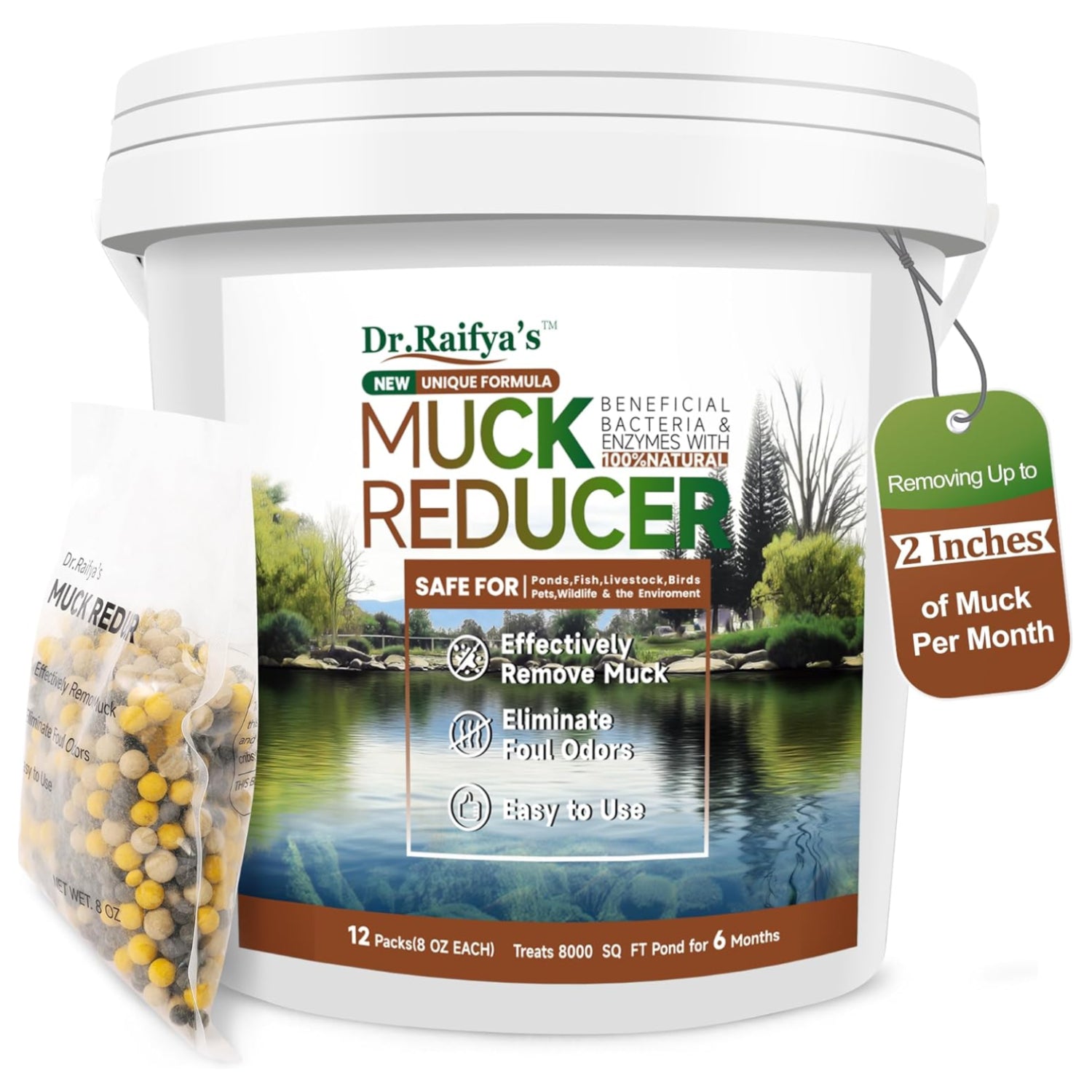 Dr.Raifya's Muck Reducer Pellets 6 LB showing natural pond sludge treatment pellets for pond health.
