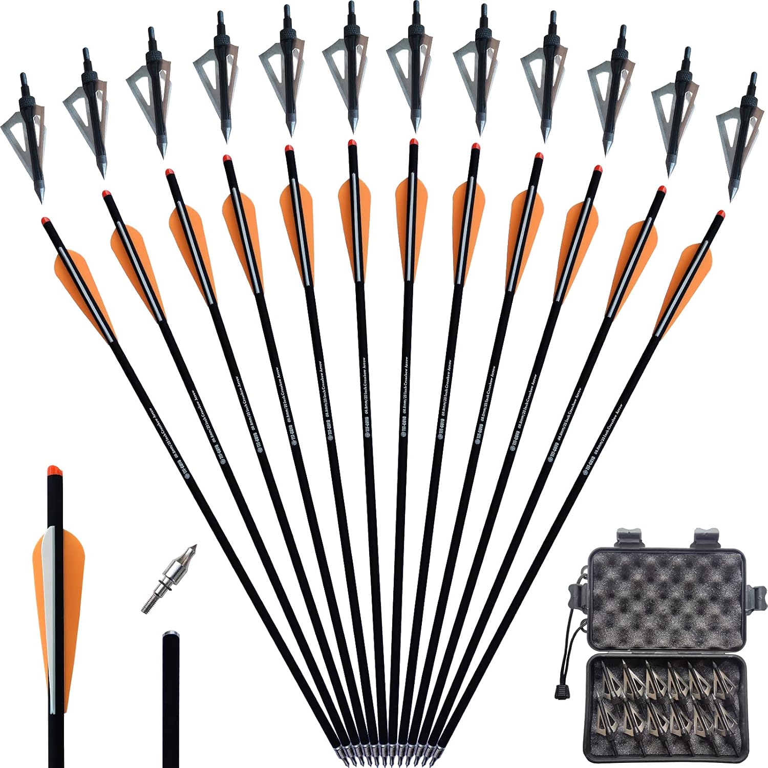 Set of 20 and 22 inch carbon crossbow bolts with broadheads, featuring sleek design and durable construction for precision shooting.