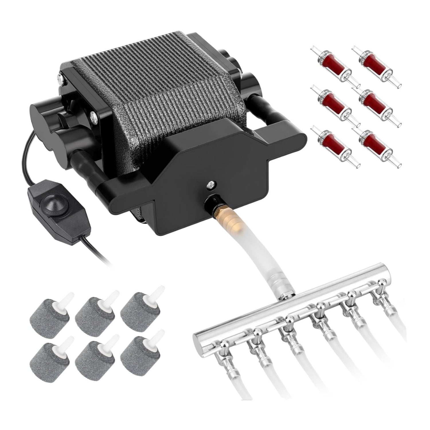 AquaMiracle 6/8/16W quiet fish tank air pump with visible air outlet and power cord, suitable for aquarium aeration.