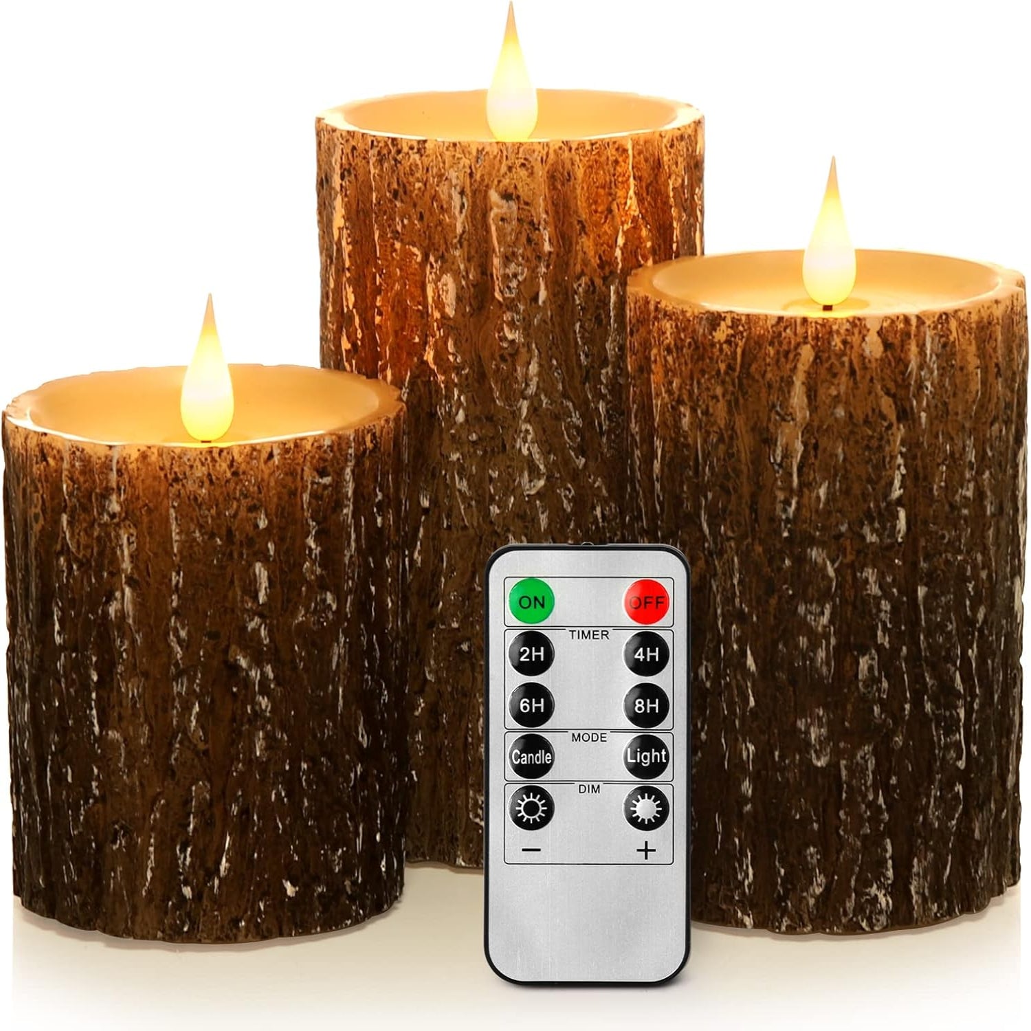 Battery-operated Enpornk flameless pillar candle with pine effect, real wax finish, flickering 3D wick, and LED lighting.