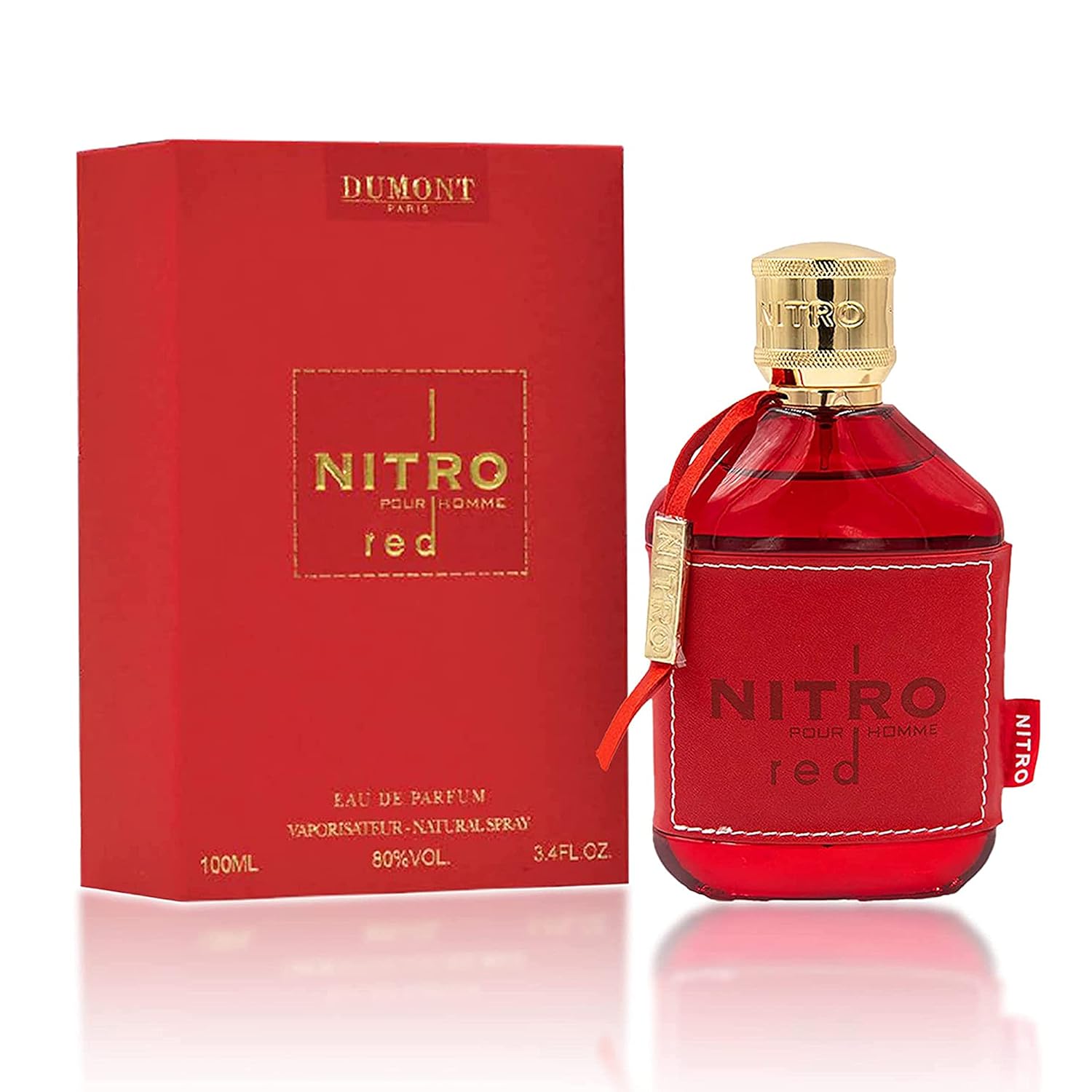 Dumont NITRO RED men's eau de parfum, 3.4oz bottle, featuring a fruit and woody scent with sleek red packaging.