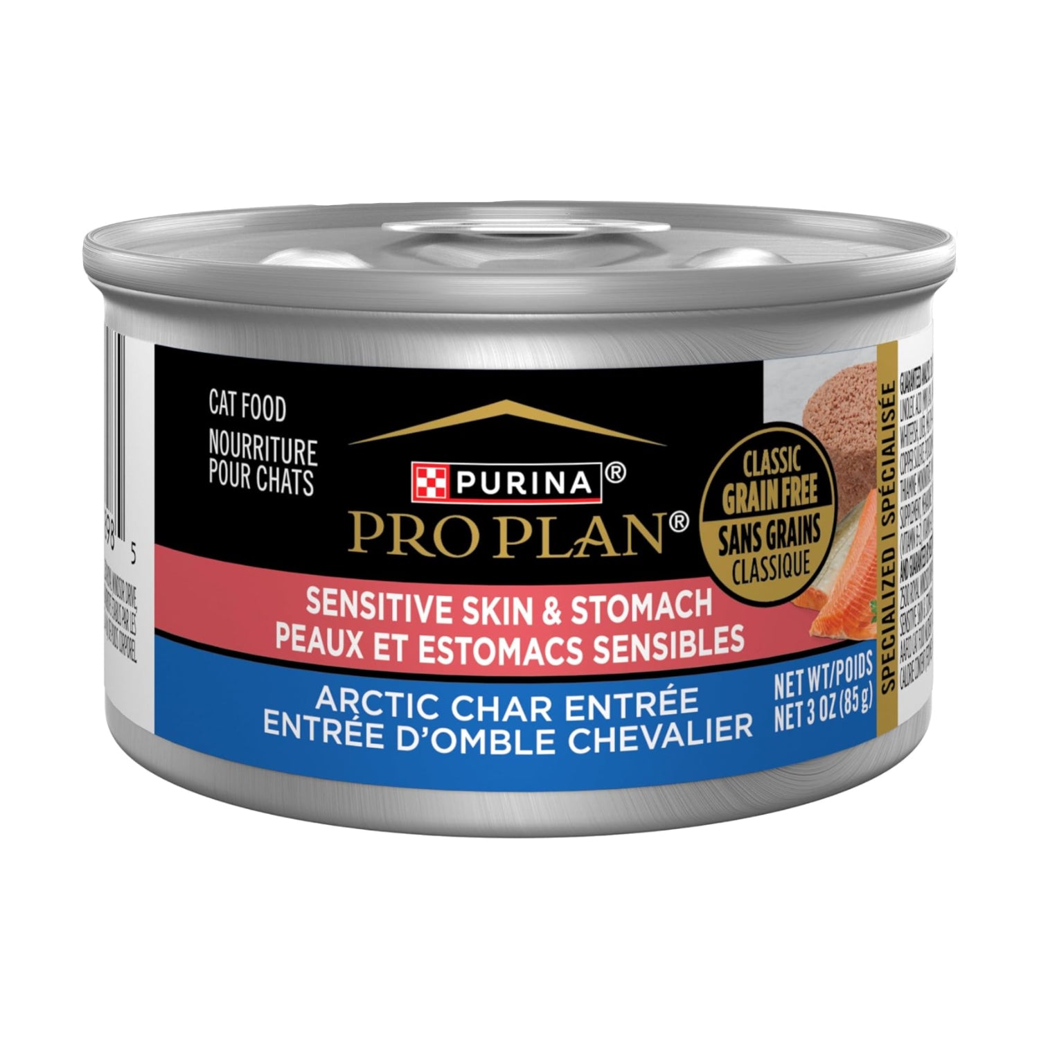 Cans of Purina Pro Plan Sensitive Skin and Stomach Cat Food Wet Pate with labels showing the product branding and flavor details.