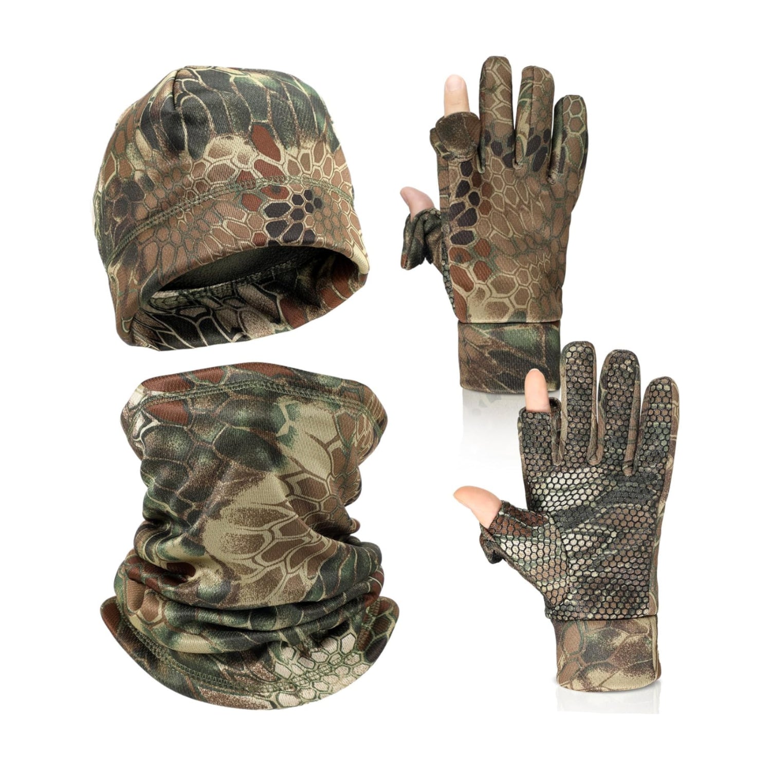Janmercy 3-piece camo hunting gloves, beanie, and neck gaiter set for men and women, suitable for outdoor camouflage activities.