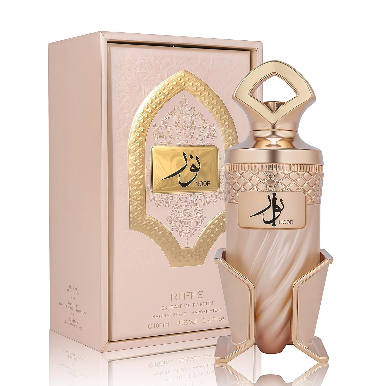 Noor by RIIFFS women's gourmand perfume bottle with caramel and vanilla scent, 3.4 oz, featuring elegant packaging.
