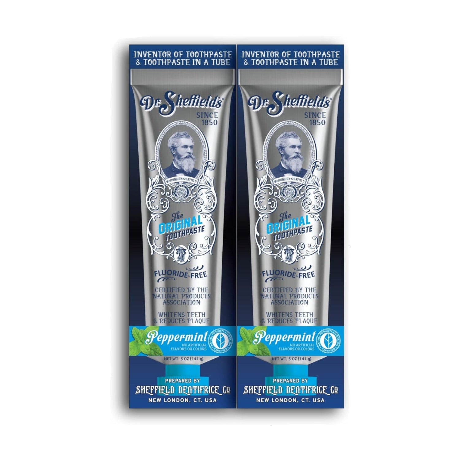 Dr. Sheffield’s peppermint natural fluoride-free toothpaste in a tube, showing the product label and fresh mint flavor.