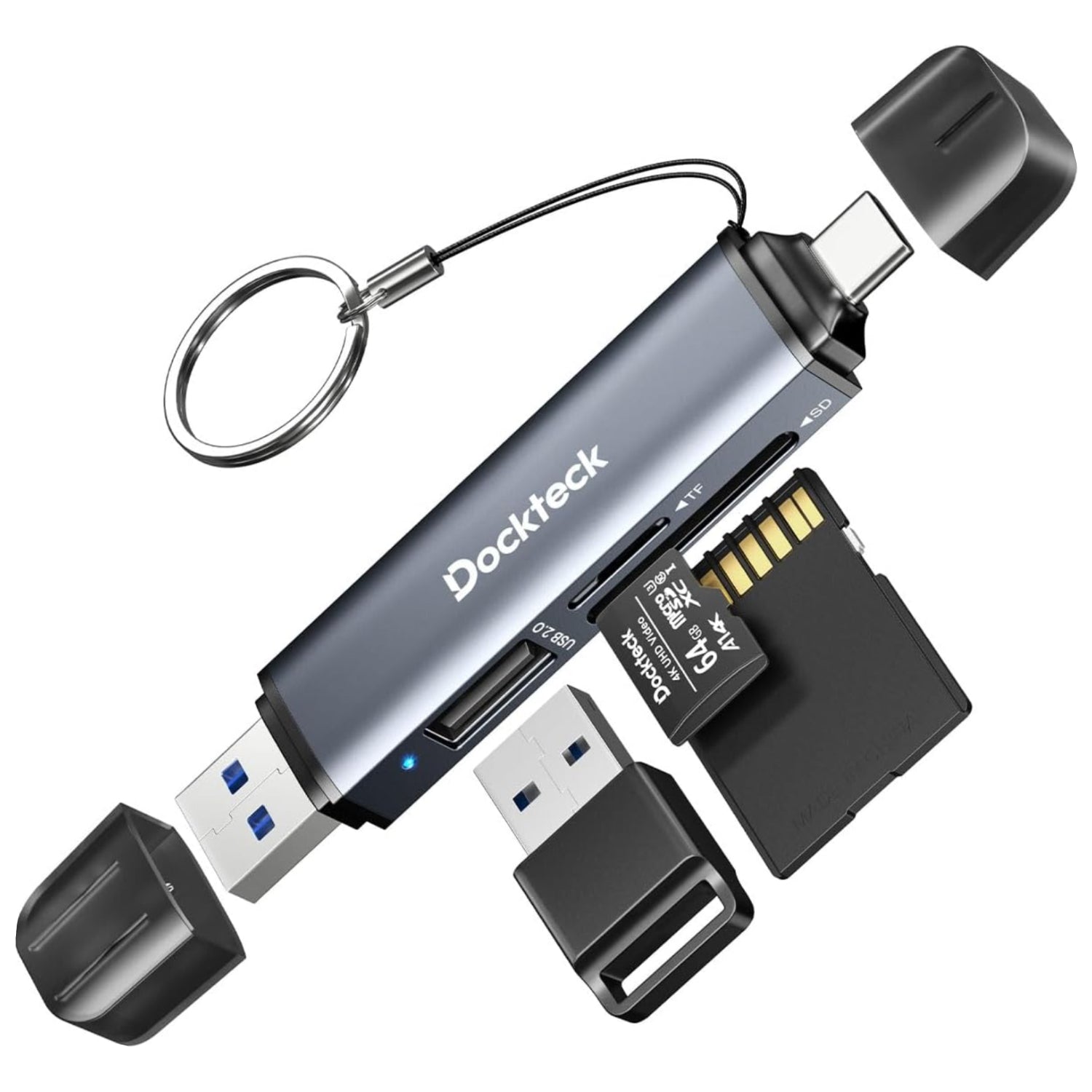 Multi-device USB hub with card reader and keychain attachment on a white background