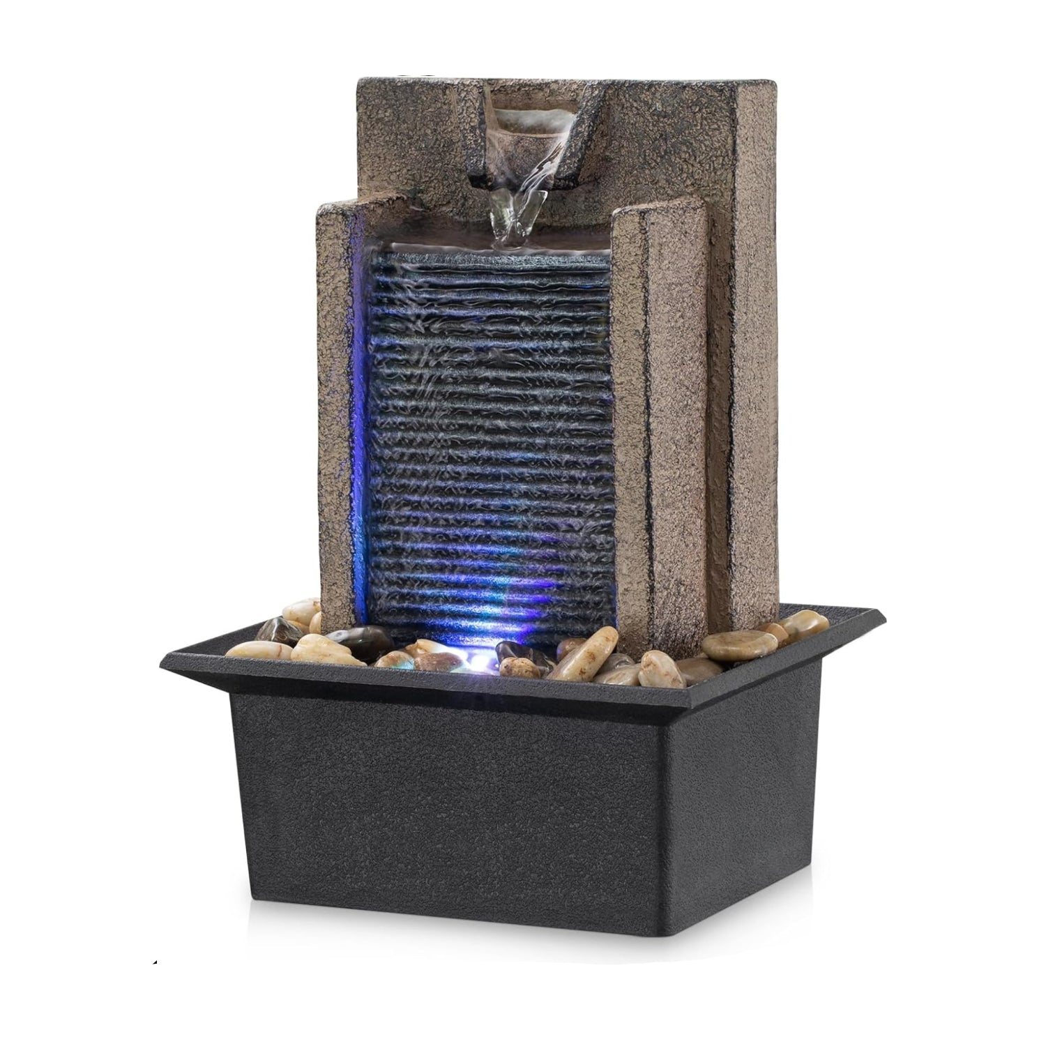 AMOOTEK tabletop fountain with flowing water, natural river rocks, and a relaxing home decor water feature display.