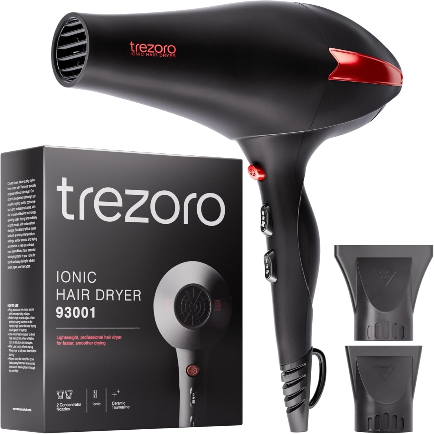 TREZORO professional hair dryer with ionic ceramic tourmaline technology, showing the sleek black design and concentrator nozzle.