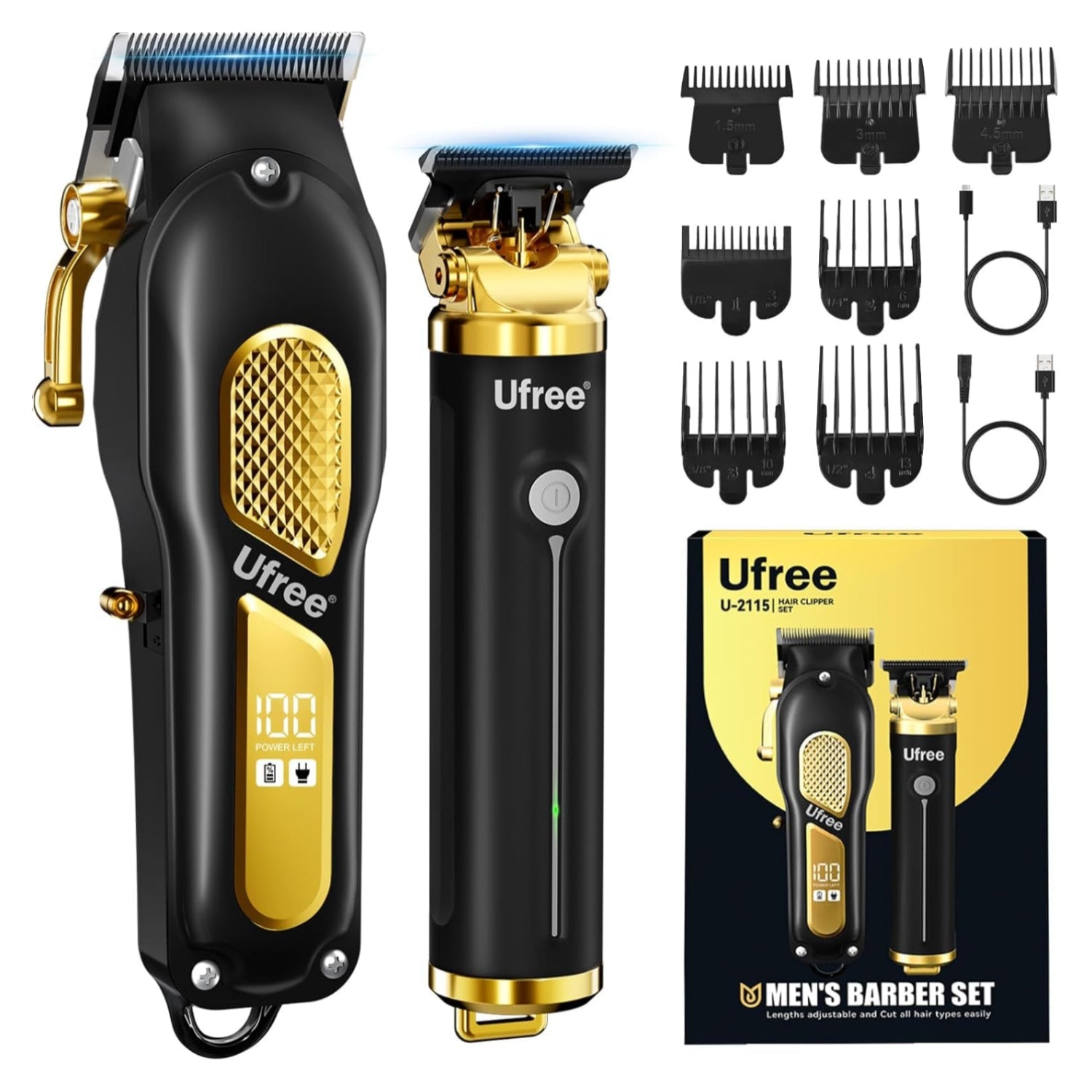 Ufree professional cordless hair clippers and trimmers set for men, shown with attachments and charging base for grooming.