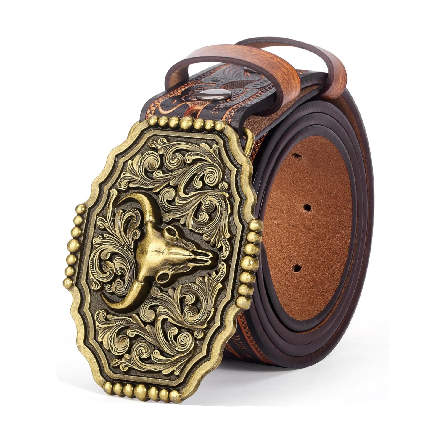 BISON DENIM men's western cowboy belt with large printed engraved buckle and leather strap for rustic style.