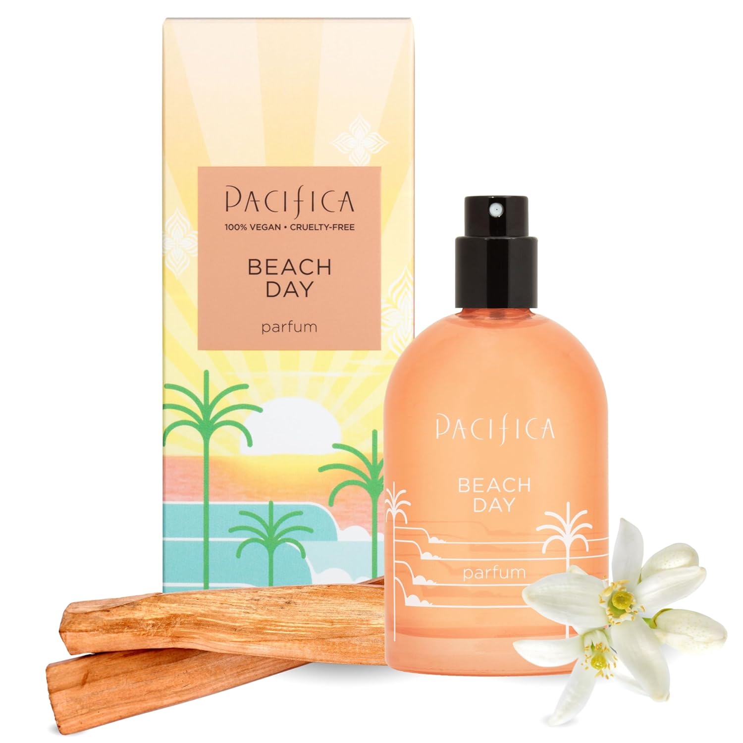Pacifica Beach Day Spray Perfume with Bliss and Bergamot, floral fragrance bottle with a summery design.