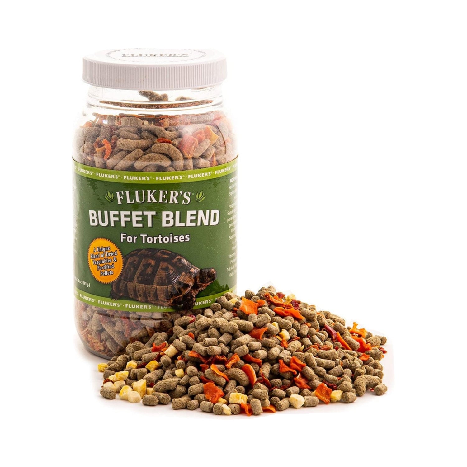 Fluker's Buffet Blend Tortoise Diet with veggies and fortified pellets in 6.75 oz package, suitable for herbivorous reptiles.