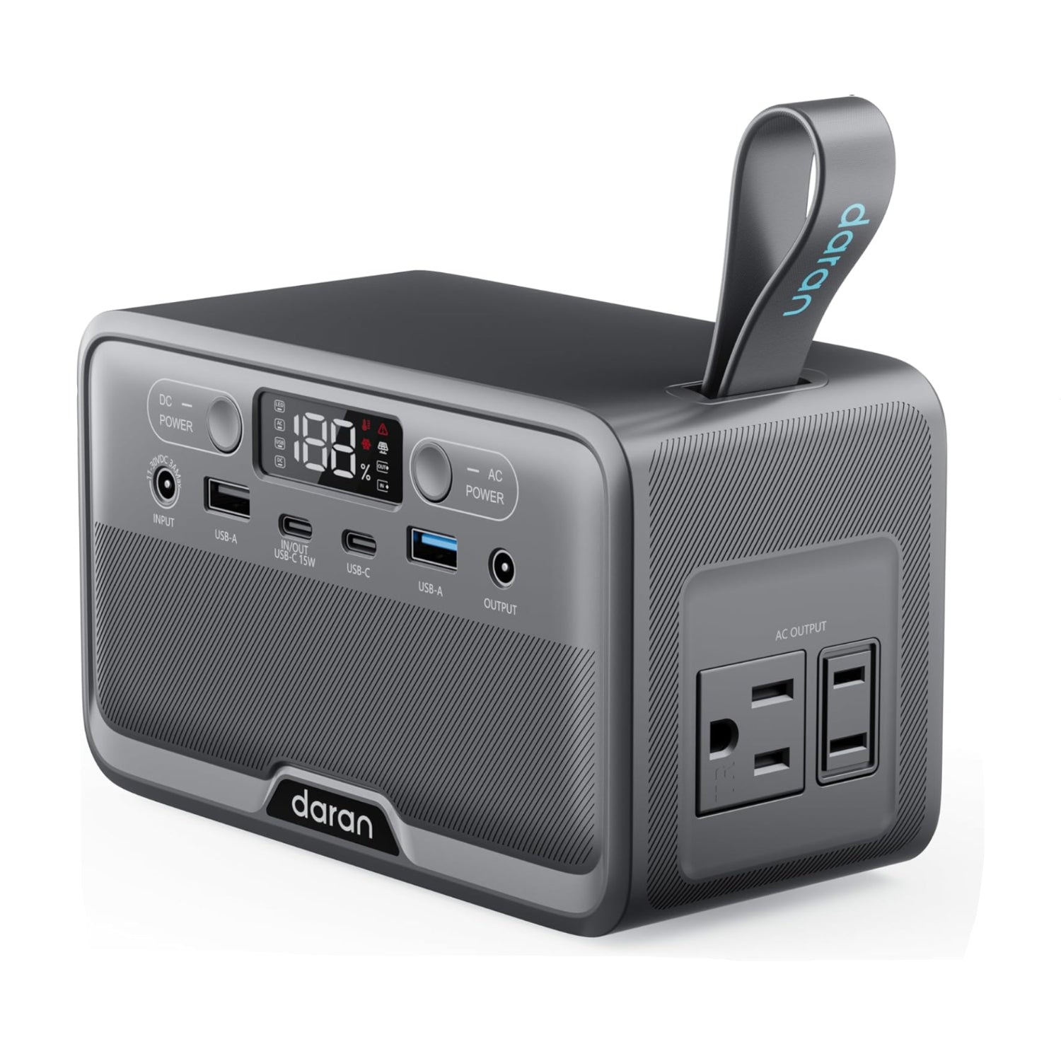 Portable power station with multiple ports and display on a white background