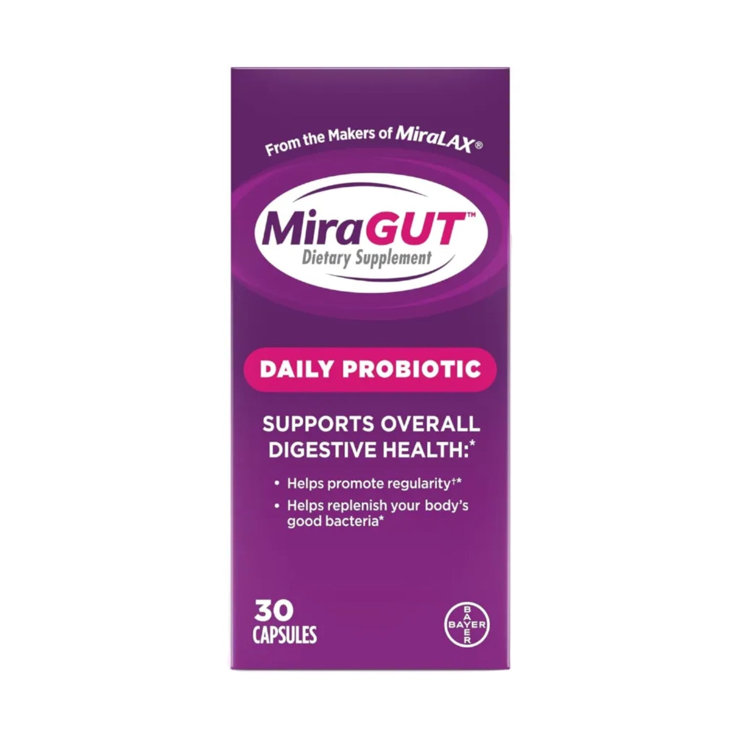 MiraLAX MiraGUT Daily Probiotic bottle, dietary supplement for digestive health, with label showing probiotic capsules and branding.