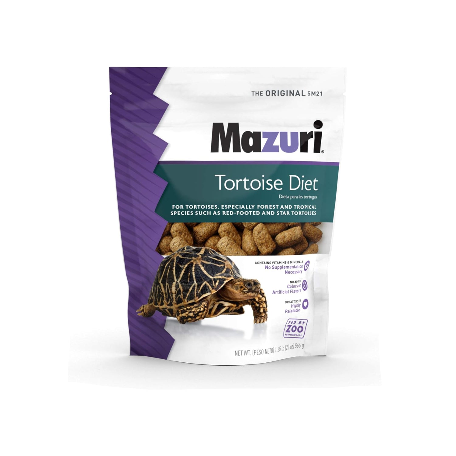 Mazuri tortoise diet in a 1.25 lb bag, showing the product packaging with the Mazuri logo and label for reptile nutrition.