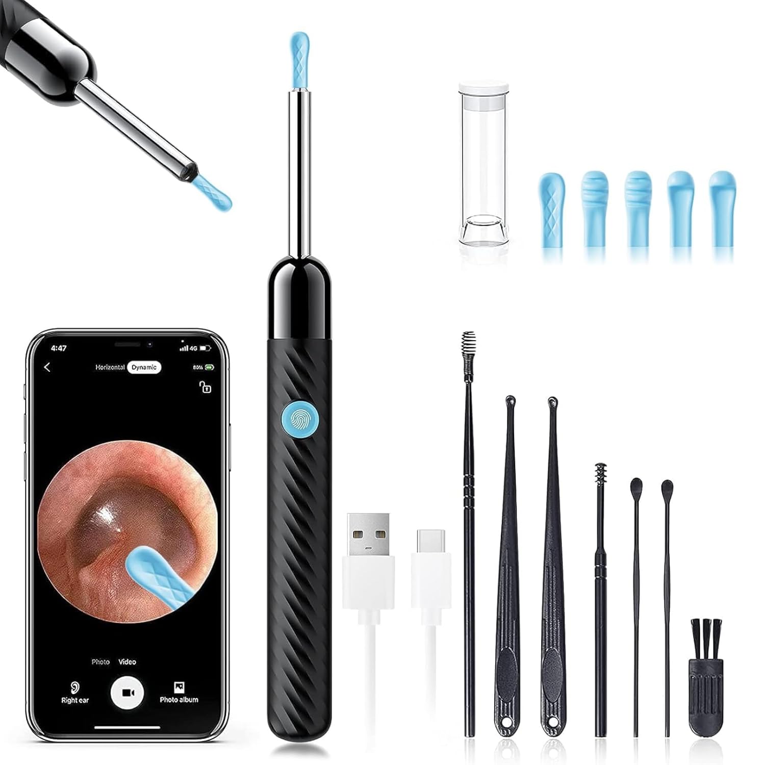 Ear cleaning tool set with smartphone app, ear probes, and charging cable on a white background