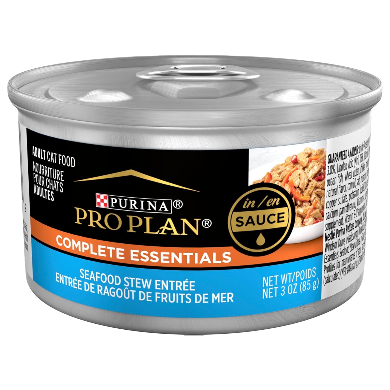 Cans of Purina Pro Plan Gravy Wet Cat Food in seafood stew flavor with a label showing the product name and brand.