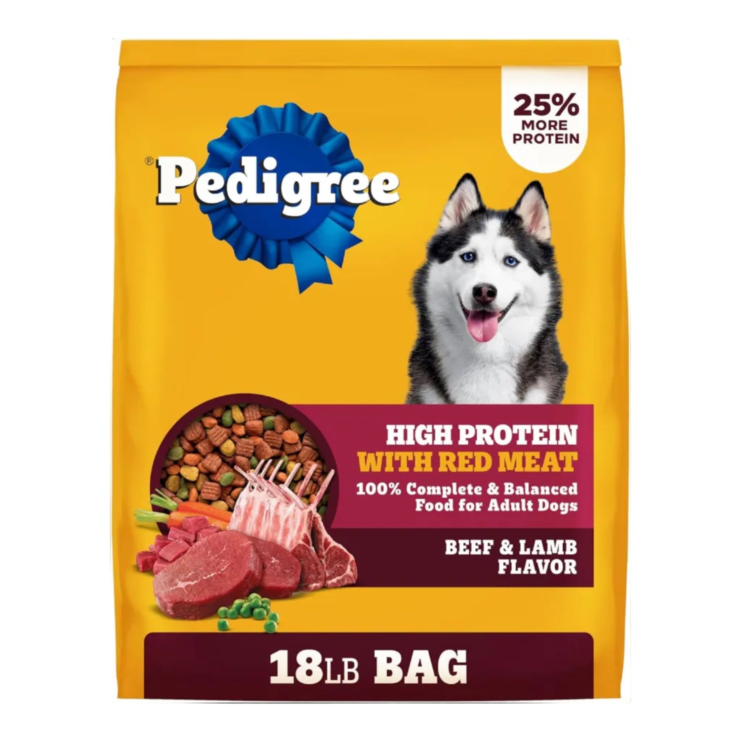 Pedigree dry dog food for adult dogs in beef and lamb flavor, 18 lb bag, high-protein dog food with visible kibble on a bag.