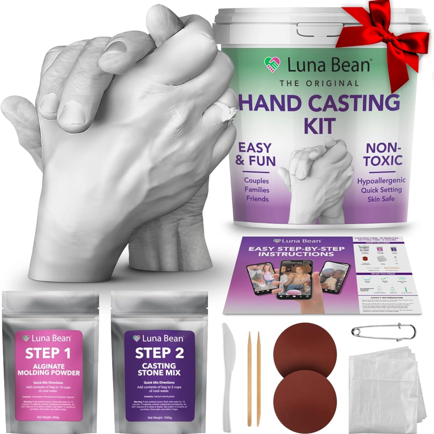 Luna Bean Hand Casting Kit for couples showing a completed hand mold with two hands interlocked, ready for display or gifting.