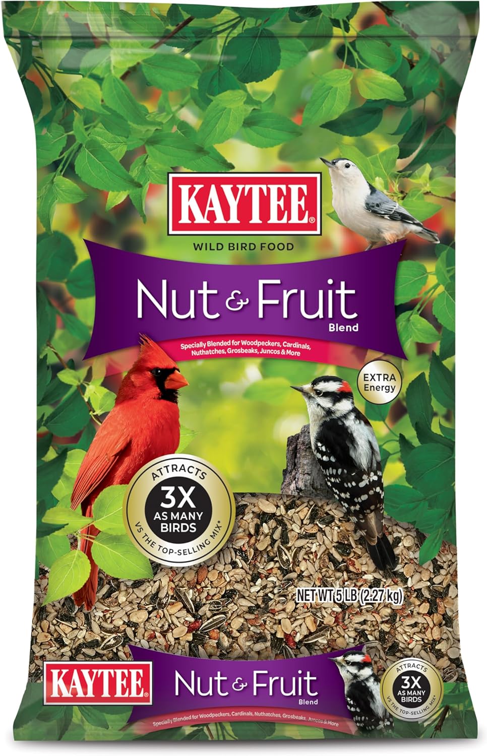 Kaytee Nut & Fruit Wild Bird Seed bag showing colorful mix of nuts and dried fruit for wild bird feeding, 5 lb.