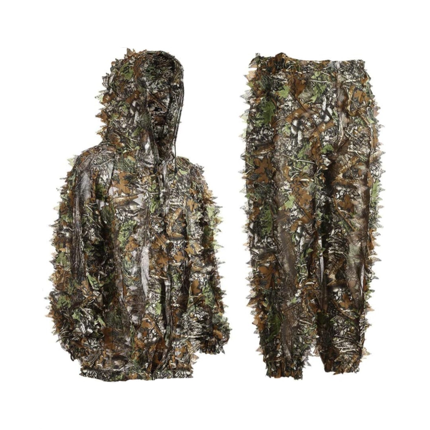 EAmber Ghillie Suit with 3D leaf camouflage for hunting, featuring leafy green forest design and matching pants.