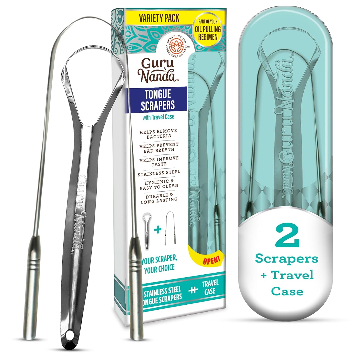 GuruNanda tongue scraper variety pack with spoon and U-shaped designs, includes travel case for oral hygiene.