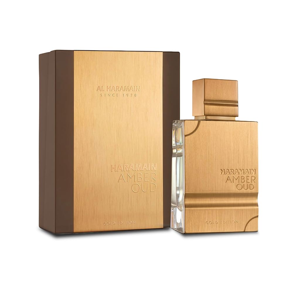 Al Haramain Amber Oud Gold Edition Arabian perfume bottle with elegant gold accents, unisex fragrance for women and men.