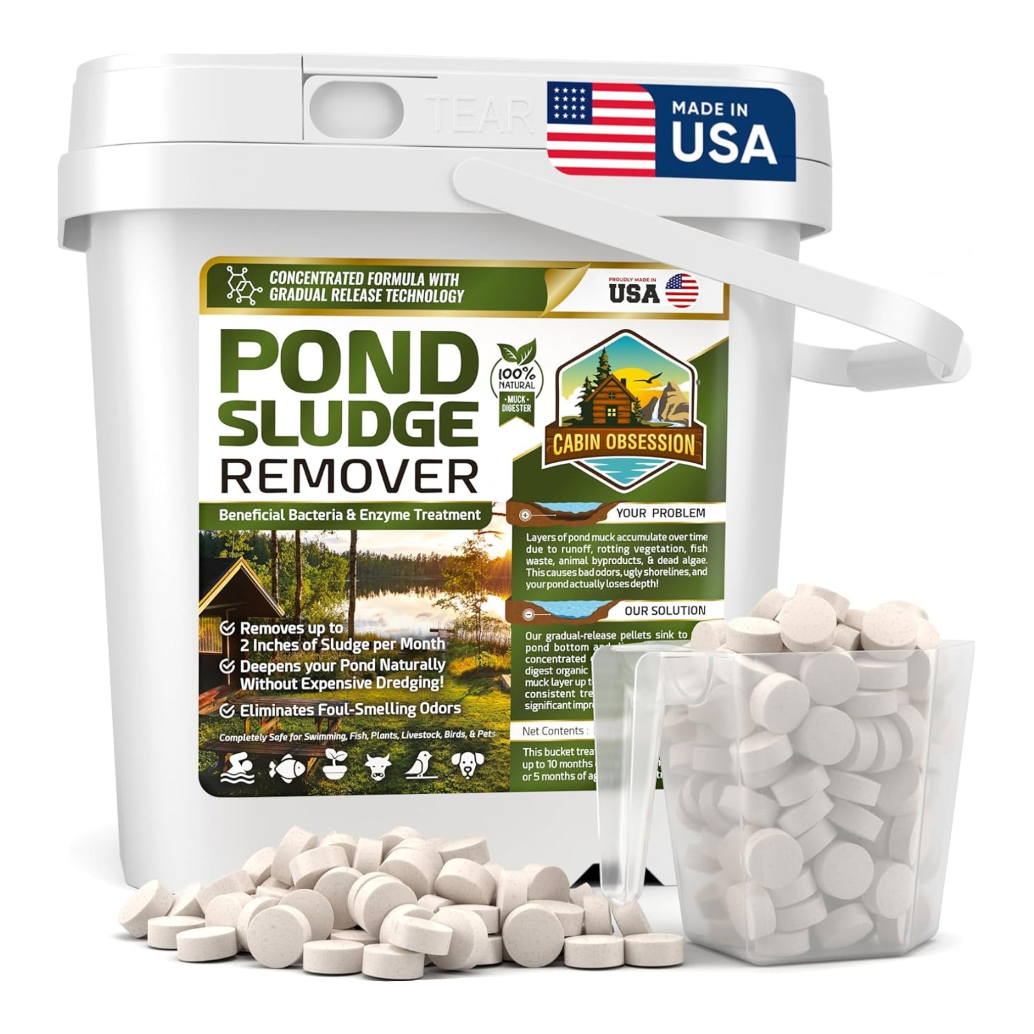 Cabin Obsession pond sludge remover with 5 pounds of beneficial bacteria and enzymes for pond cleaning and algae control.