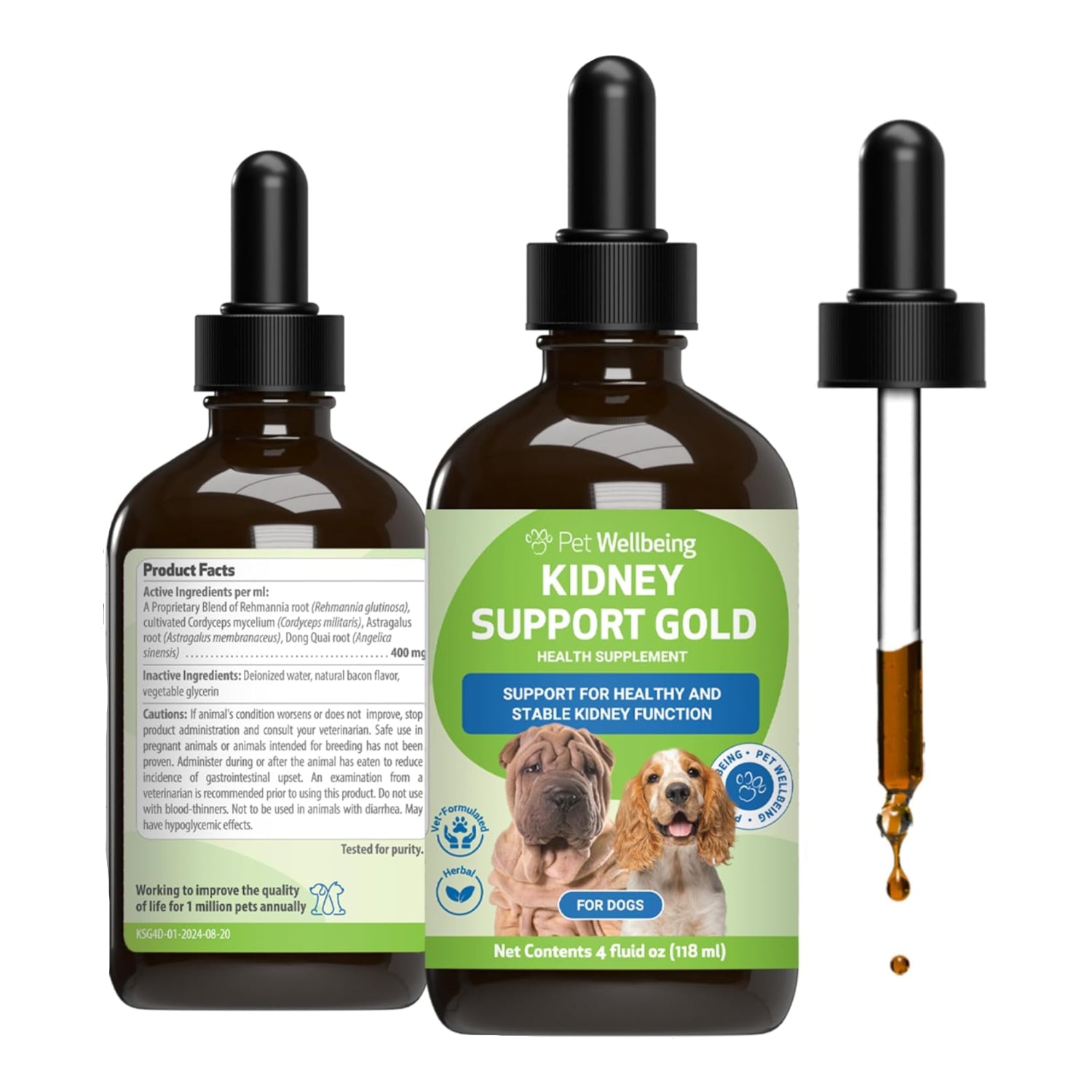 Pet Wellbeing Kidney Support Gold supplement for dogs, featuring a bottle and label focusing on canine health and kidney support.