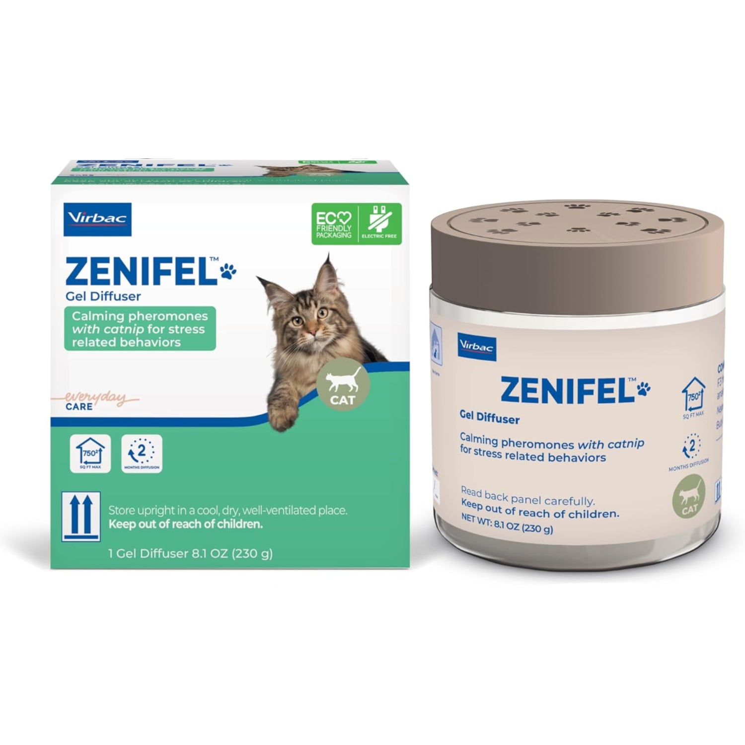Virbac Zenifel Gel Diffuser for managing stress-related behaviors in pets, shown with diffuser unit and gel refills.