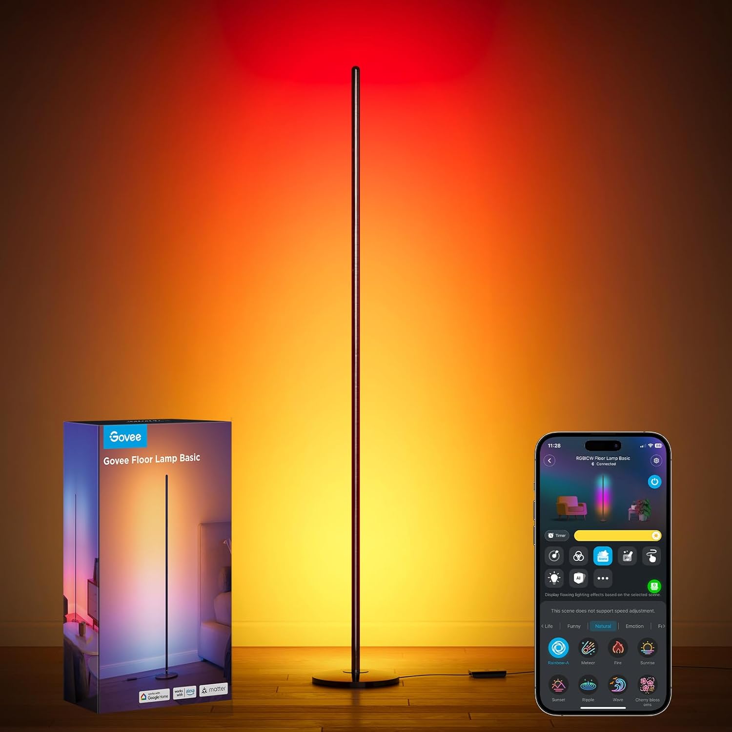Smart floor lamp with smartphone app and packaging on a warm background