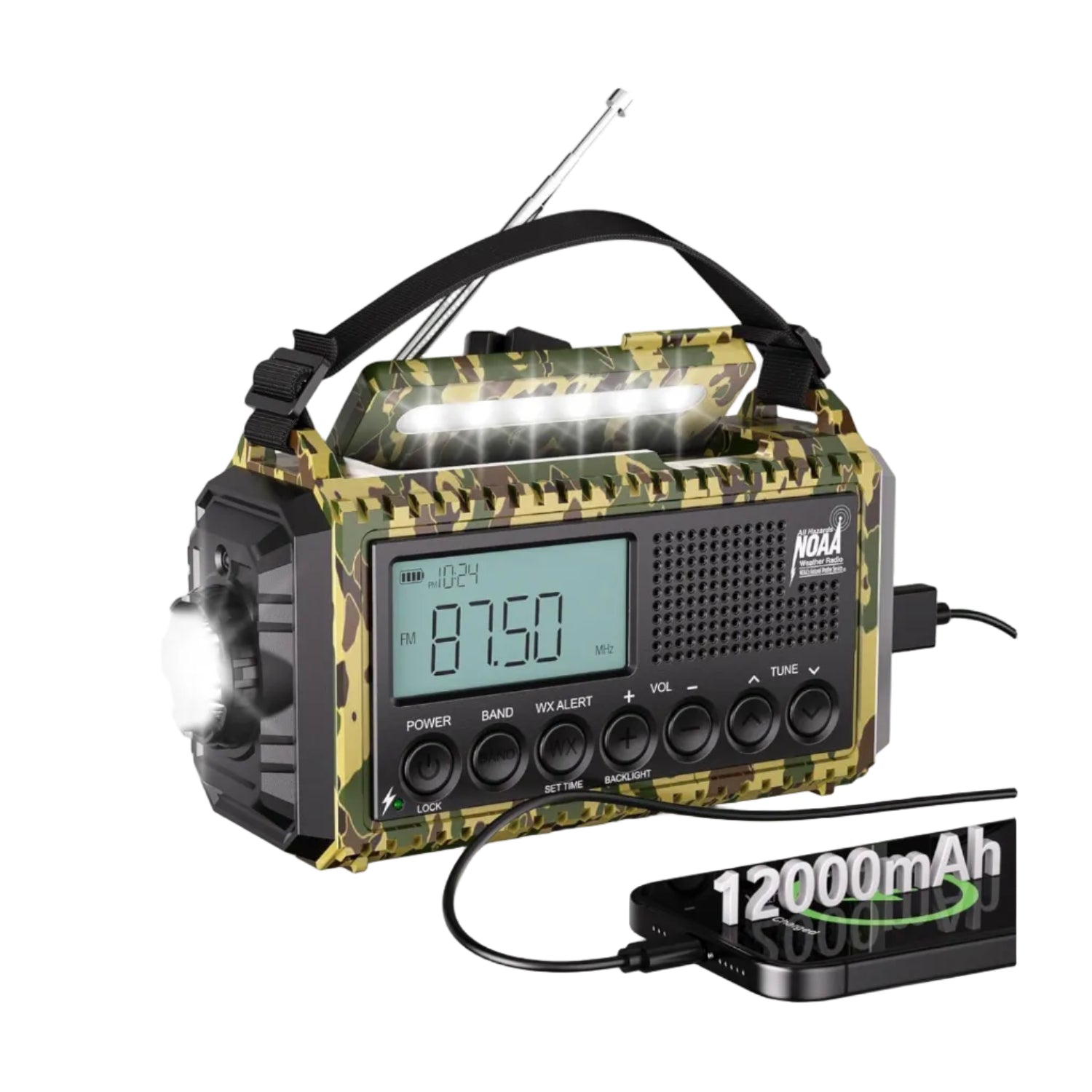 Camouflage emergency radio with flashlight and 12000mAh battery indicator on a white background