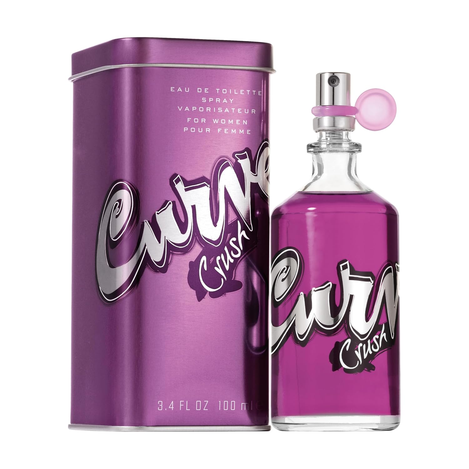 Curve Crush Eau De Toilette spray for women, 3.4 fl oz, featuring the perfume bottle with a sleek design and vibrant pink accents.