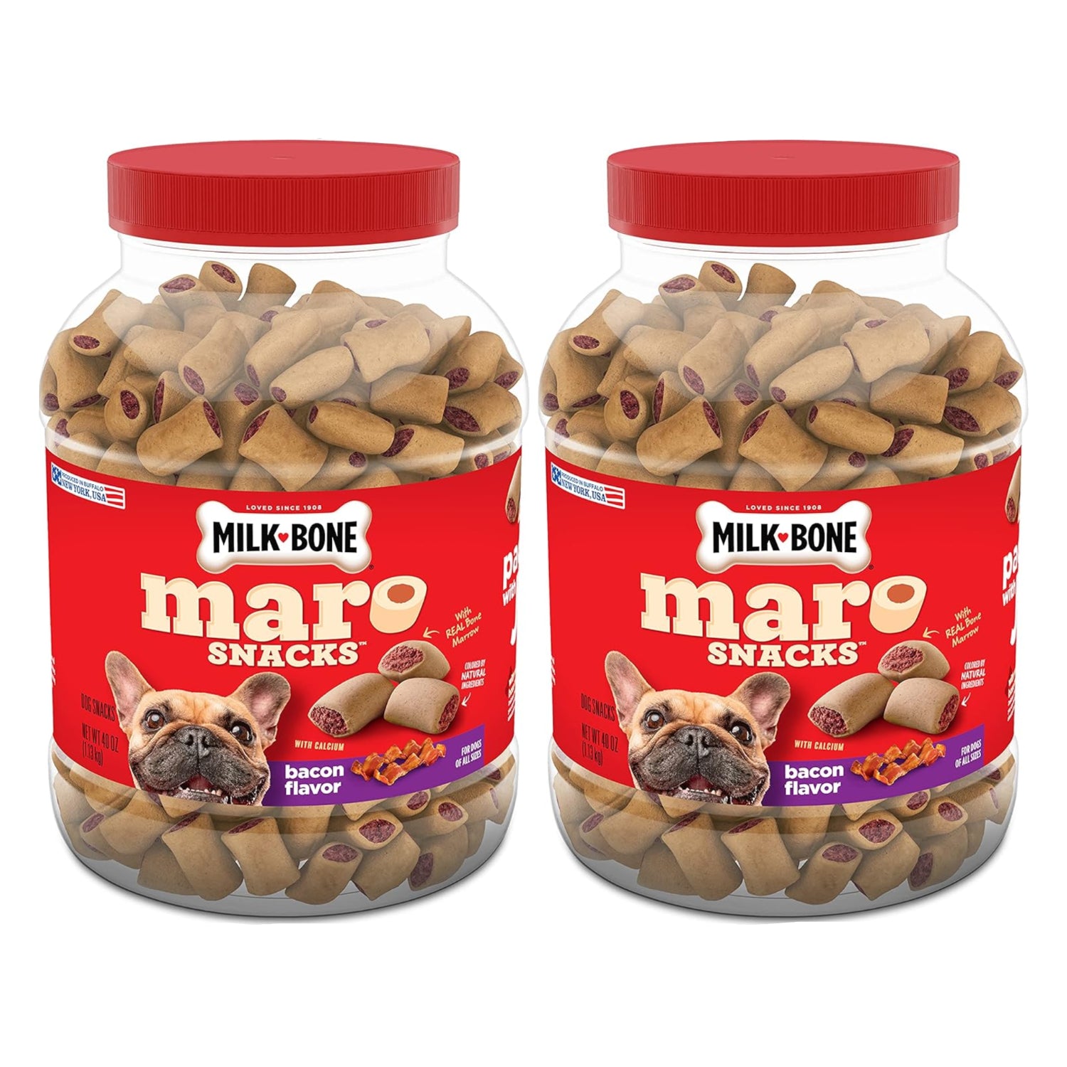 Milk-Bone MaroSnacks Bacon Flavor small dog treats with bone marrow in a 40-ounce bag, showing the treat packaging and treats inside.
