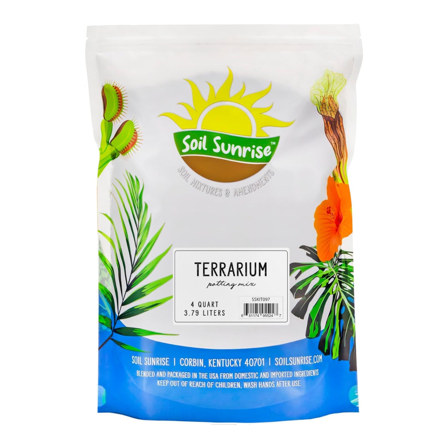 Soil Sunrise terrarium potting soil mix in 4-quart bag with blended filtering, suitable for indoor plants and terrarium setups.