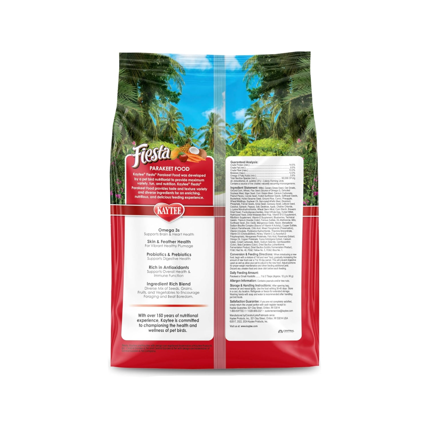 Kaytee Fiesta Parakeet Food with nutritious blend supporting skin and feathers, designed for healthy pet parakeets.