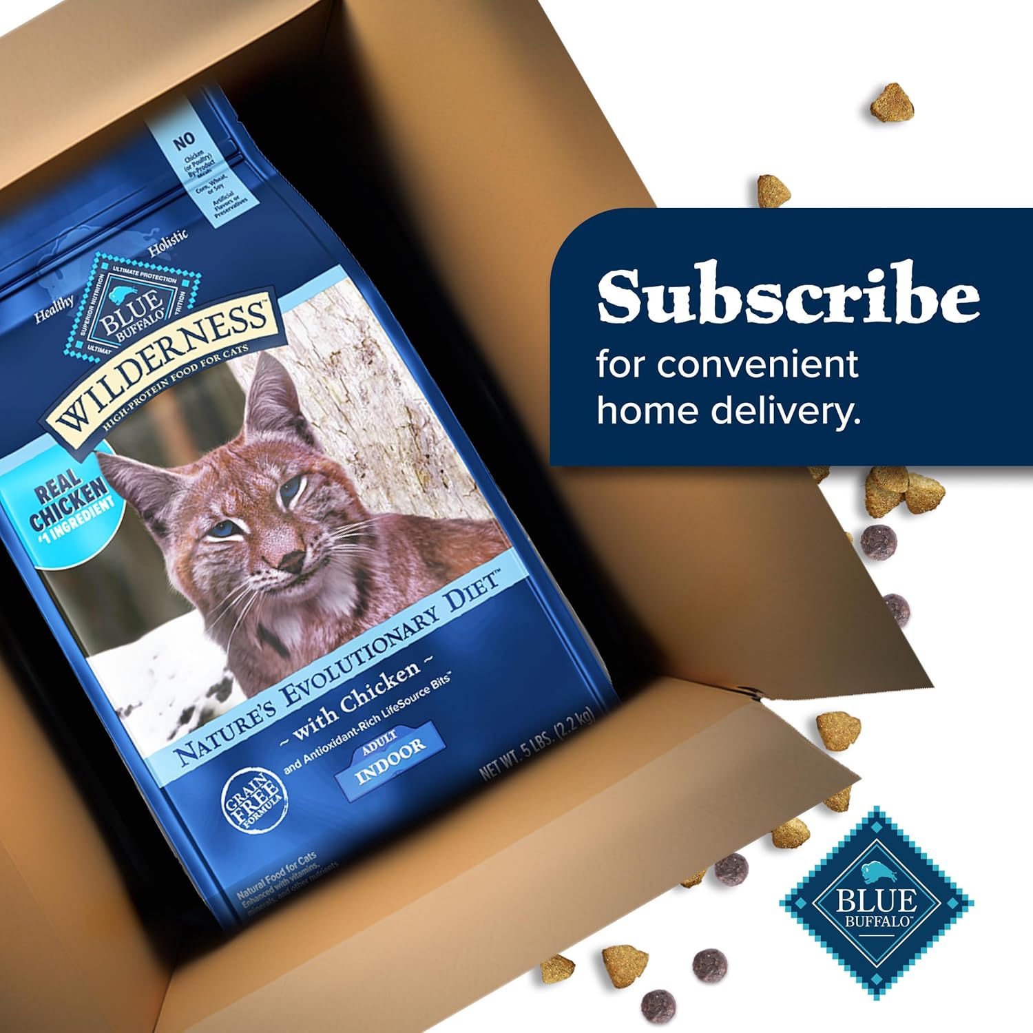 Blue Wilderness Blue Buffalo high-protein, grain-free dog food bag with blue and green packaging showing the product label.
