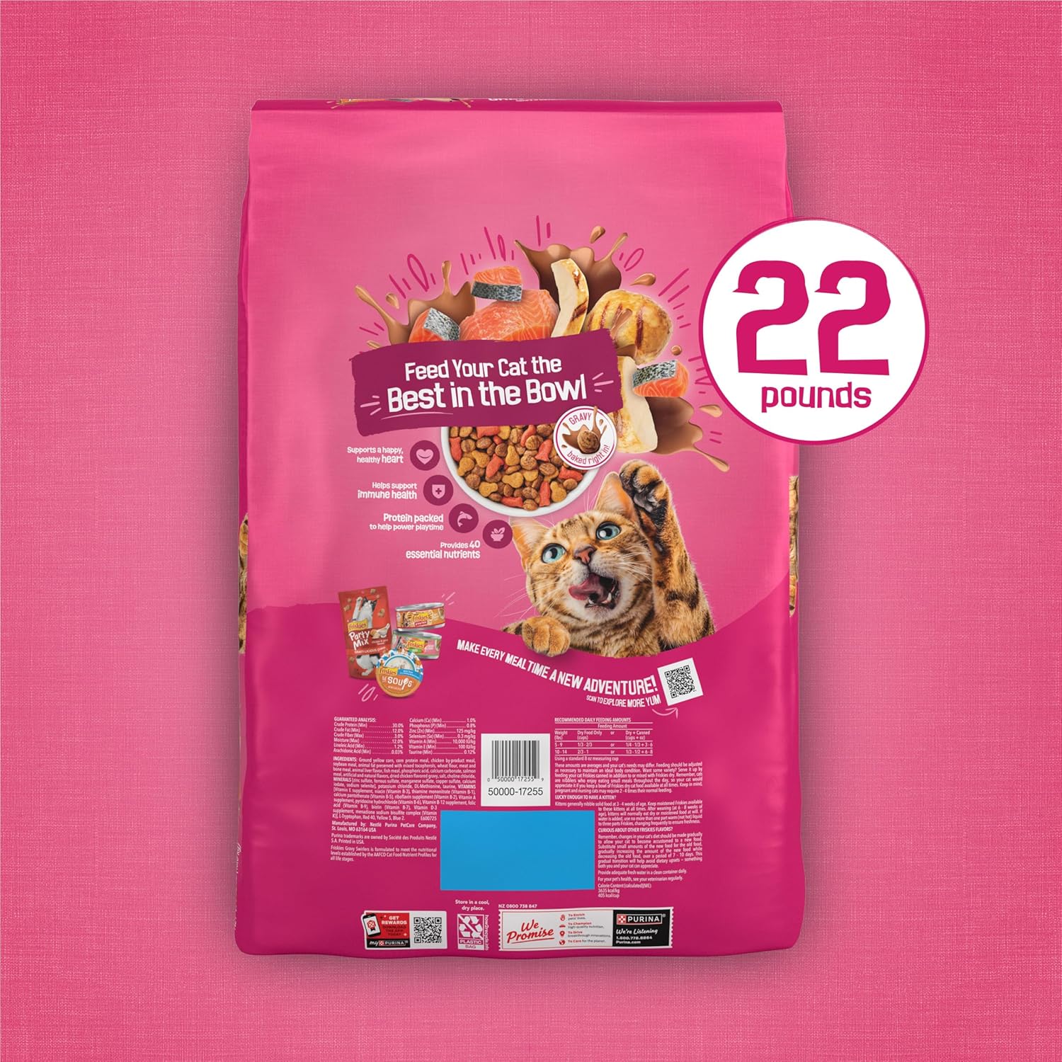 Cans of Purina Friskies Gravy Swirlers cat food with chicken, salmon, and gravy flavors, showing the colorful packaging and product.