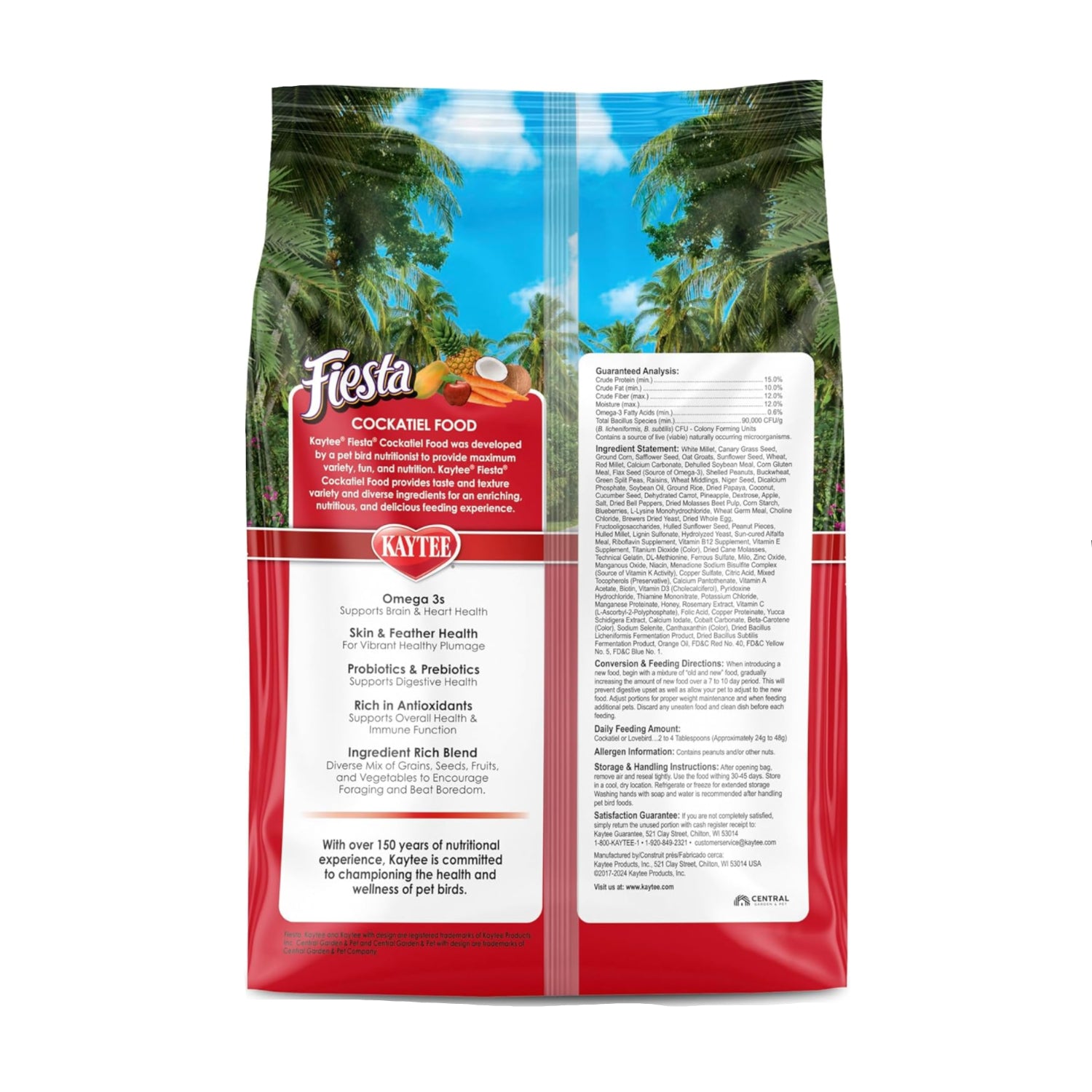 Kaytee Fiesta Cockatiel Food mix with colorful seeds and grains, designed to support skin and feather health for pet cockatiels.