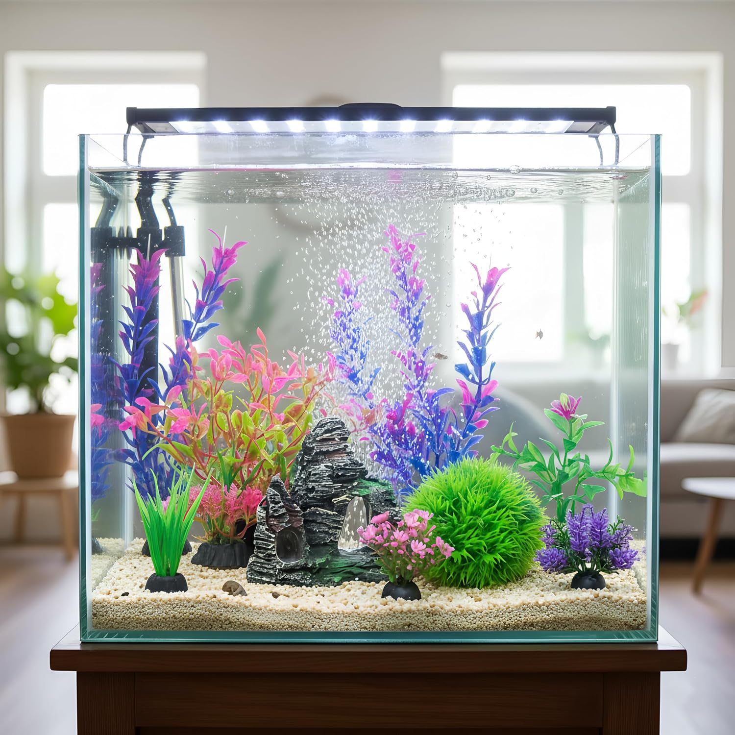 Ameliade aquarium artificial plastic plants with rock cave decoration for freshwater fish tanks