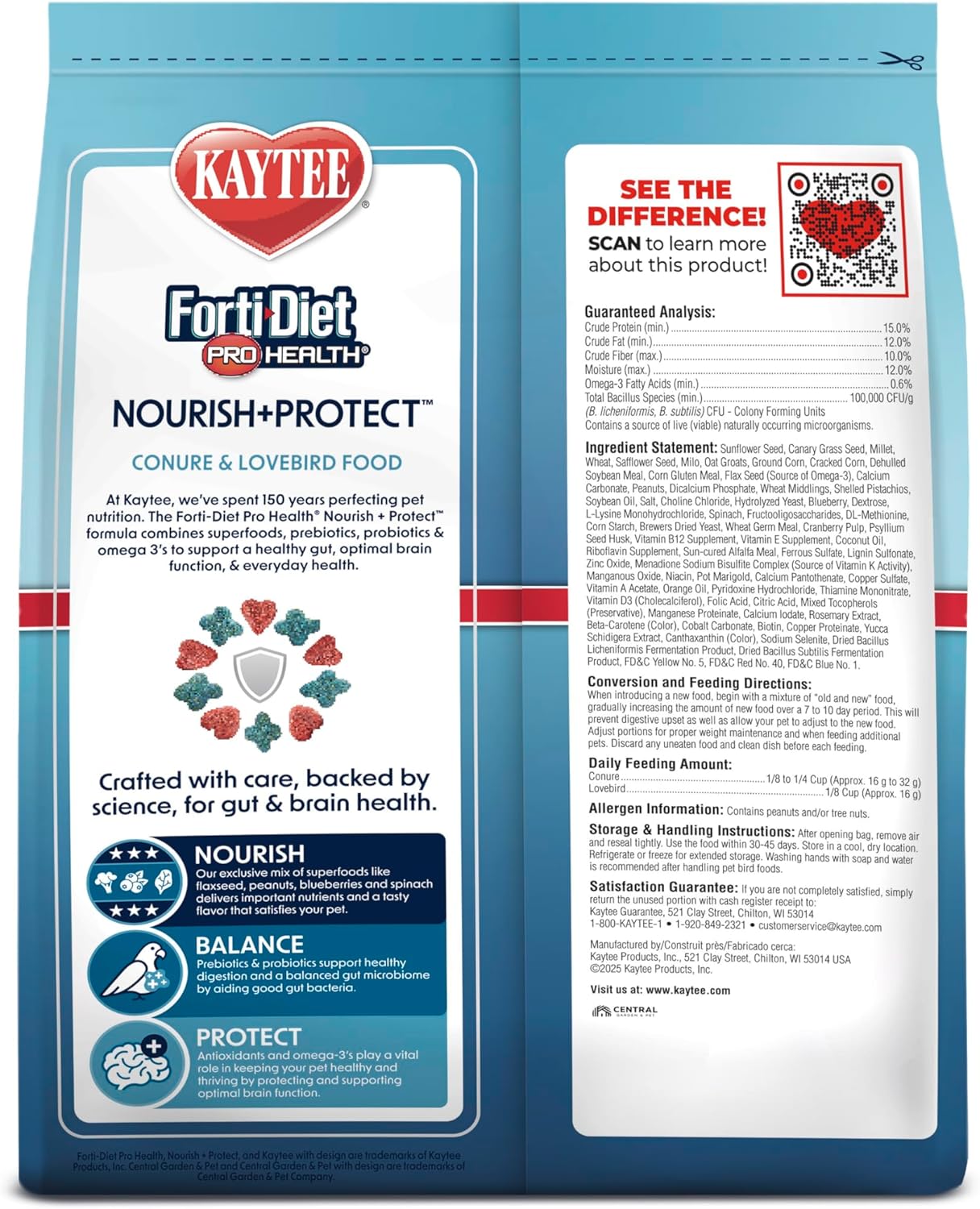 Kaytee Forti-Diet Pro Health Nourish+Protect bird food for conures and lovebirds, featuring a colorful mix of seeds and pellets.