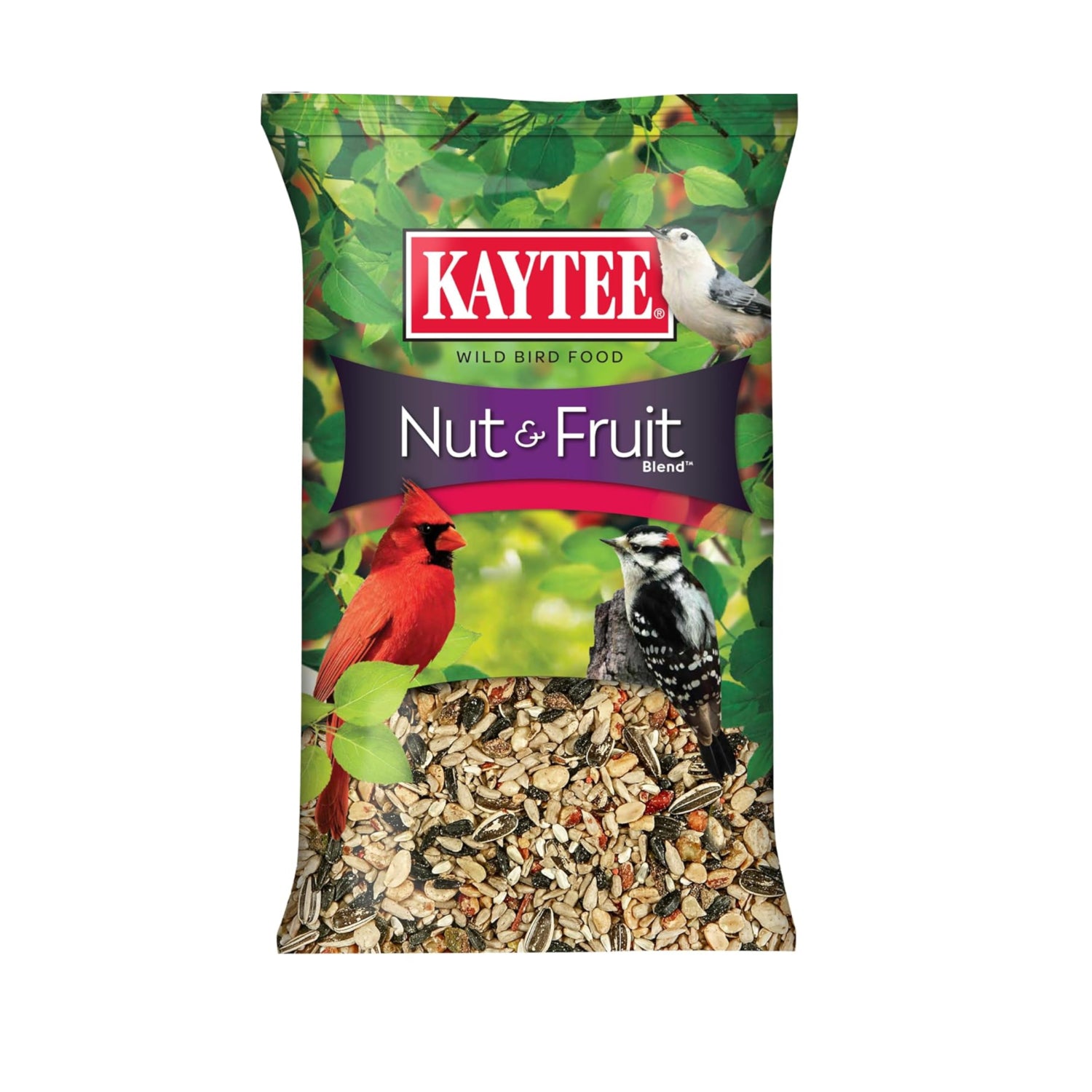 Kaytee Nut & Fruit Wild Bird Seed 5 lb bag featuring a colorful mix of seeds, nuts, and dried fruits for wild bird feeding