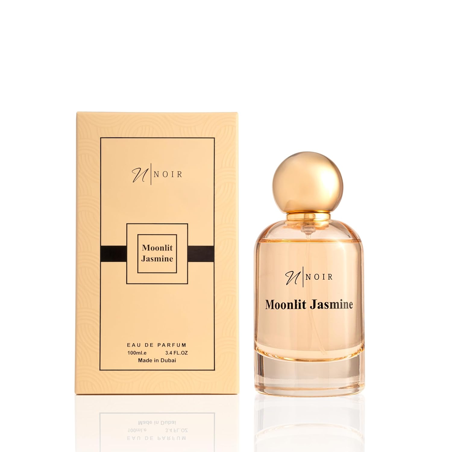NOIR Moonlit Jasmine Eau de Parfum for women, featuring a floral bottle design with warm, sweet jasmine scent accents.