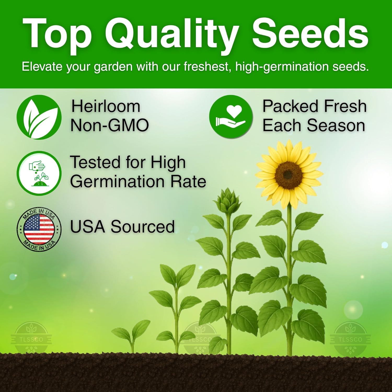 Advertisement for top quality seeds with a sunflower and green plant on a green background.