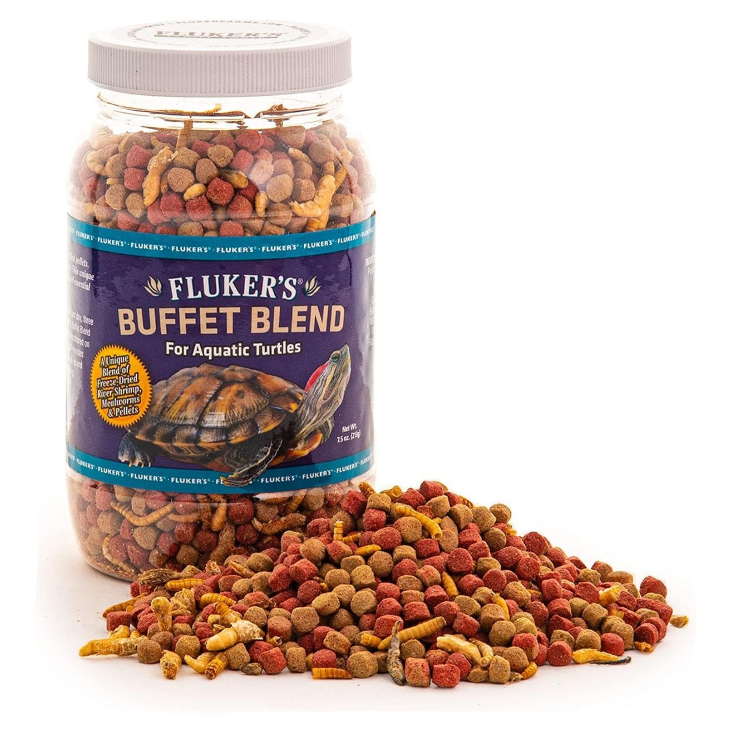 Fluker's Buffet Blend Turtle Food with freeze-dried shrimp in a clear container, suitable for aquatic turtles and reptiles.